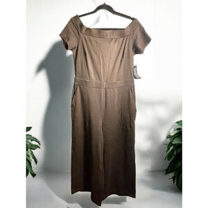 Size M Brown New York & Co Off shoulder Short Sleeve wide leg Stretchy Jumpsuit